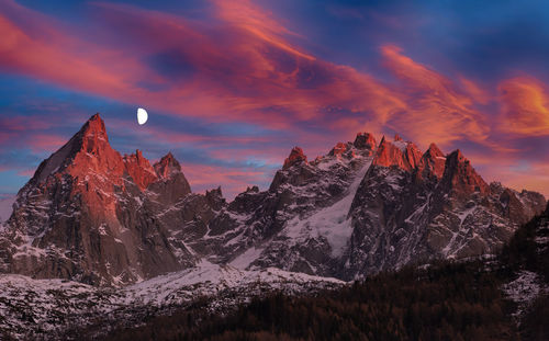 Snowcapped mountains against sky during sunset