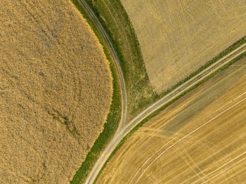 Aerial view of farmland in rural area on sunny summer morning.