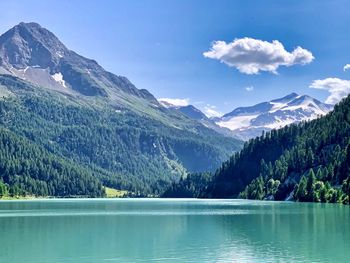 Scenic view of lake and mountains against sky