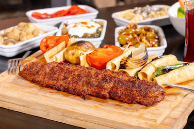 Close-up of food served on table