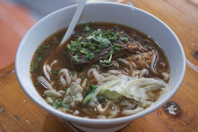 High angle view of soup in bowl on table