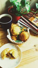 High angle view of food served on table