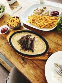 High angle view of food served on table