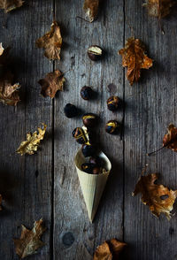 High angle view of roasted chestnuts on table