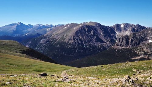 Scenic view of mountains against clear blue sky