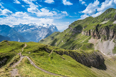 The wandertrail horizontweg from alpen tower to engstlenalp, along gental, switzerland