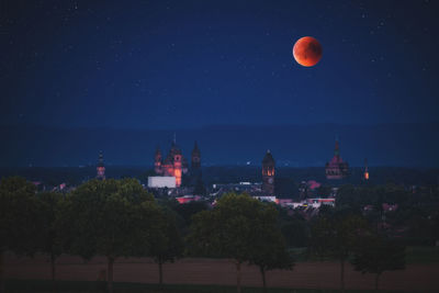 Illuminated trees and buildings against sky at night