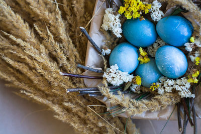 High angle view of multi colored eggs