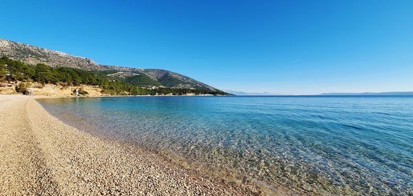 Scenic view of sea against clear blue sky