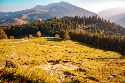 Scenic view of landscape and mountains against sky