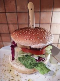 Close-up of burger on table