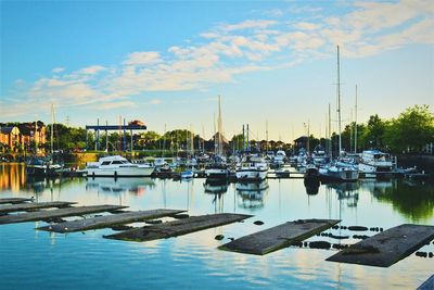 Boats moored at harbor