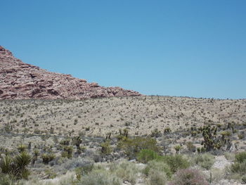 Scenic view of arid landscape against clear blue sky