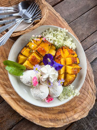 High angle view of food in plate on table