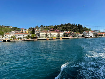 Sea by buildings against clear blue sky