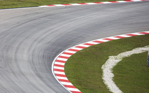 High angle view of tire track on road