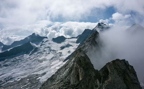 Panoramic view of snowcapped mountains against sky