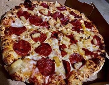 High angle view of pizza on table