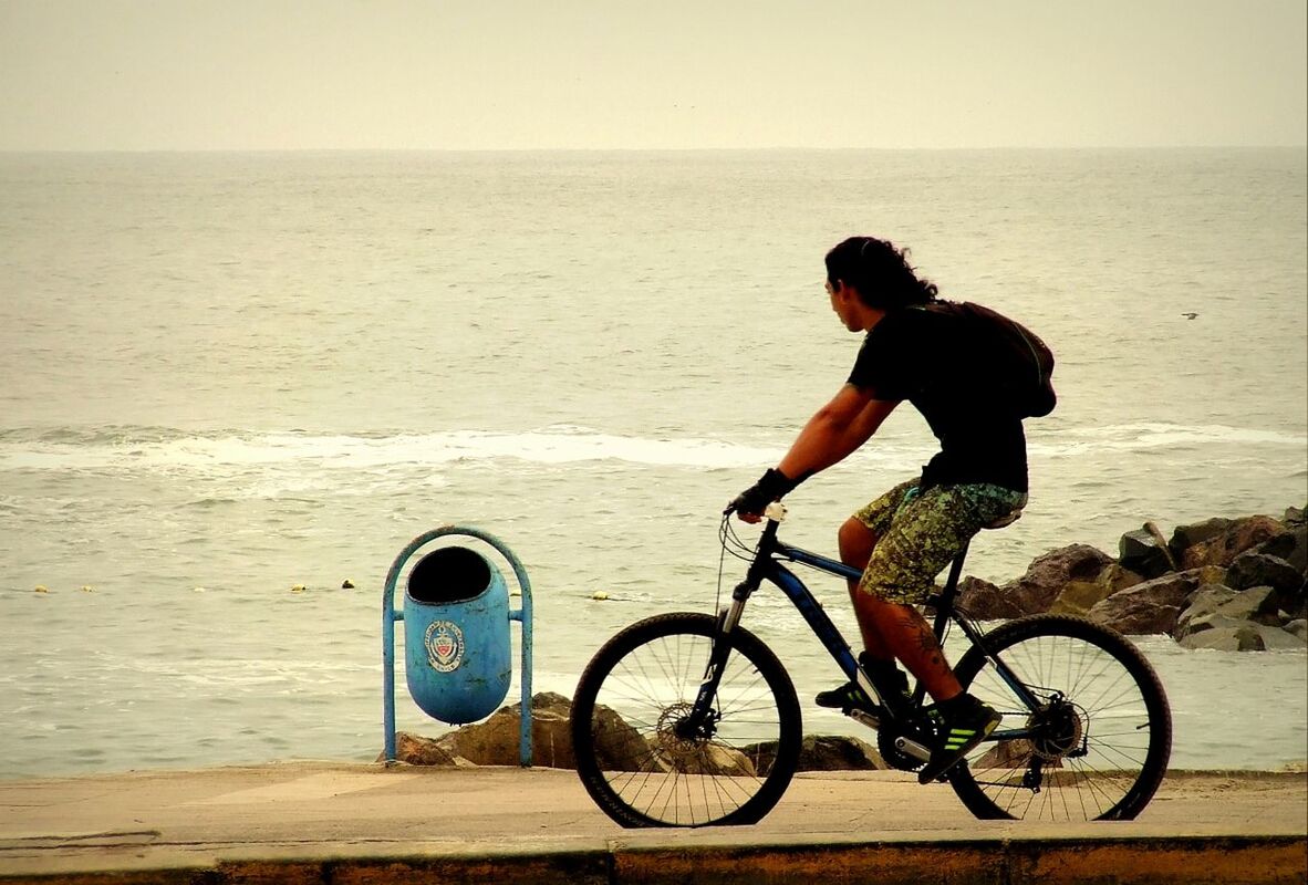 bicycle, sea, mode of transport, transportation, horizon over water, riding, land vehicle, men, full length, water, leisure activity, cycling, clear sky, beach, lifestyles, copy space, side view, travel
