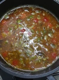 High angle view of soup in bowl