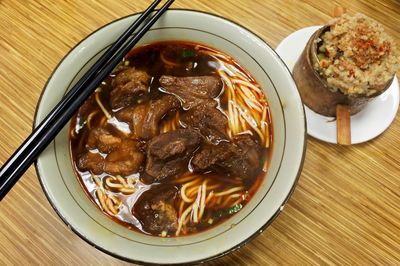 High angle view of soup in bowl on table