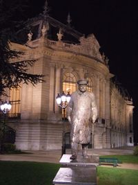 Low angle view of statue in front of building at night