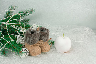 View of stuffed toy against white background