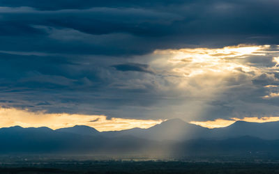 Scenic view of mountains against dramatic sky