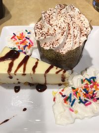 High angle view of cake served on table