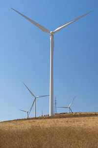 Windmill on field against clear blue sky