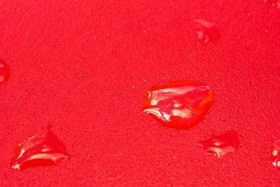 Full frame shot of water drops on red surface