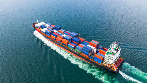 High angle view of ship sailing on sea