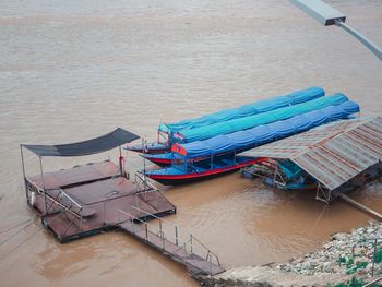 High angle view of boats moored on sea