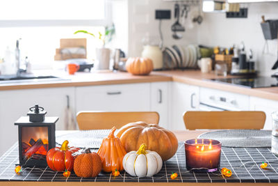 High angle view of pumpkins on table