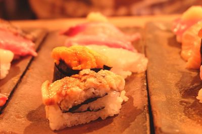 Close-up of sushi served in plate