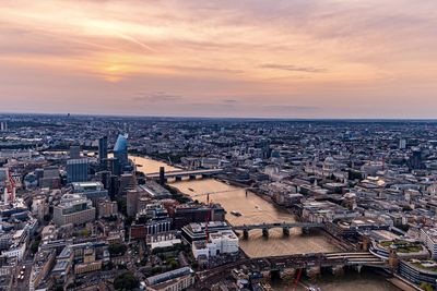 High angle view of townscape against sky during sunset