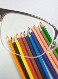 High angle view of colored pencils on table