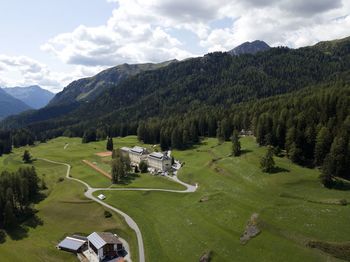 High angle view of trees on landscape against sky