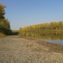 Scenic view of calm lake against clear sky