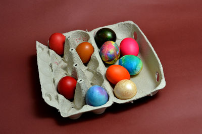 High angle view of multi colored candies on table