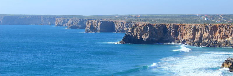 Scenic view of sea against clear blue sky