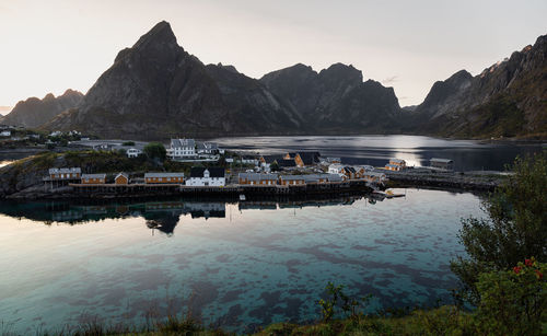 Sundown in reine, a small fishing village on lofoten islands in northern norway.