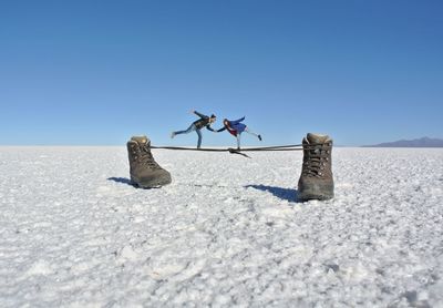 Dead bird on sand land against clear blue sky