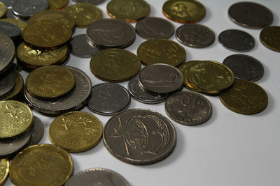 High angle view of coins