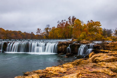 Scenic view of waterfall against sky