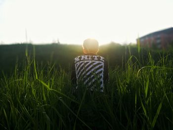 Rear view of man on field against sky during sunset