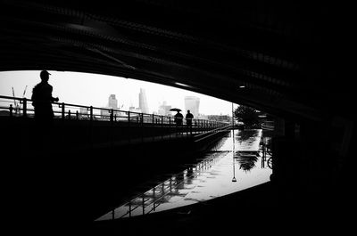 Silhouette people walking on bridge against sky in city