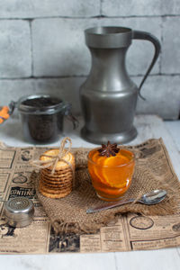 Close-up of tea in jar on table