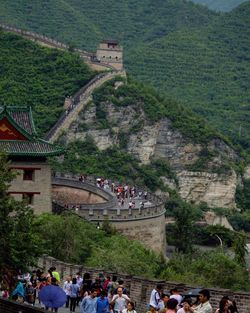 High angle view of people on great wall of china