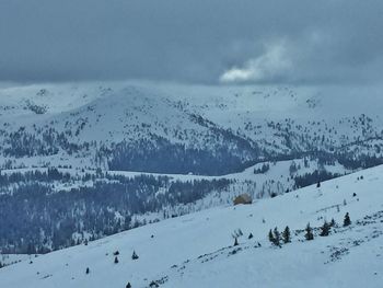 Scenic view of snow covered mountains against sky